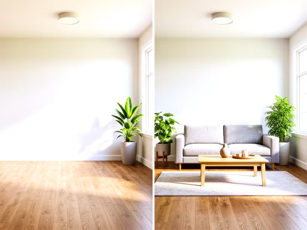 Vorher-Nachher-Beispiel fuer virtuelles Staging einer Immobilie