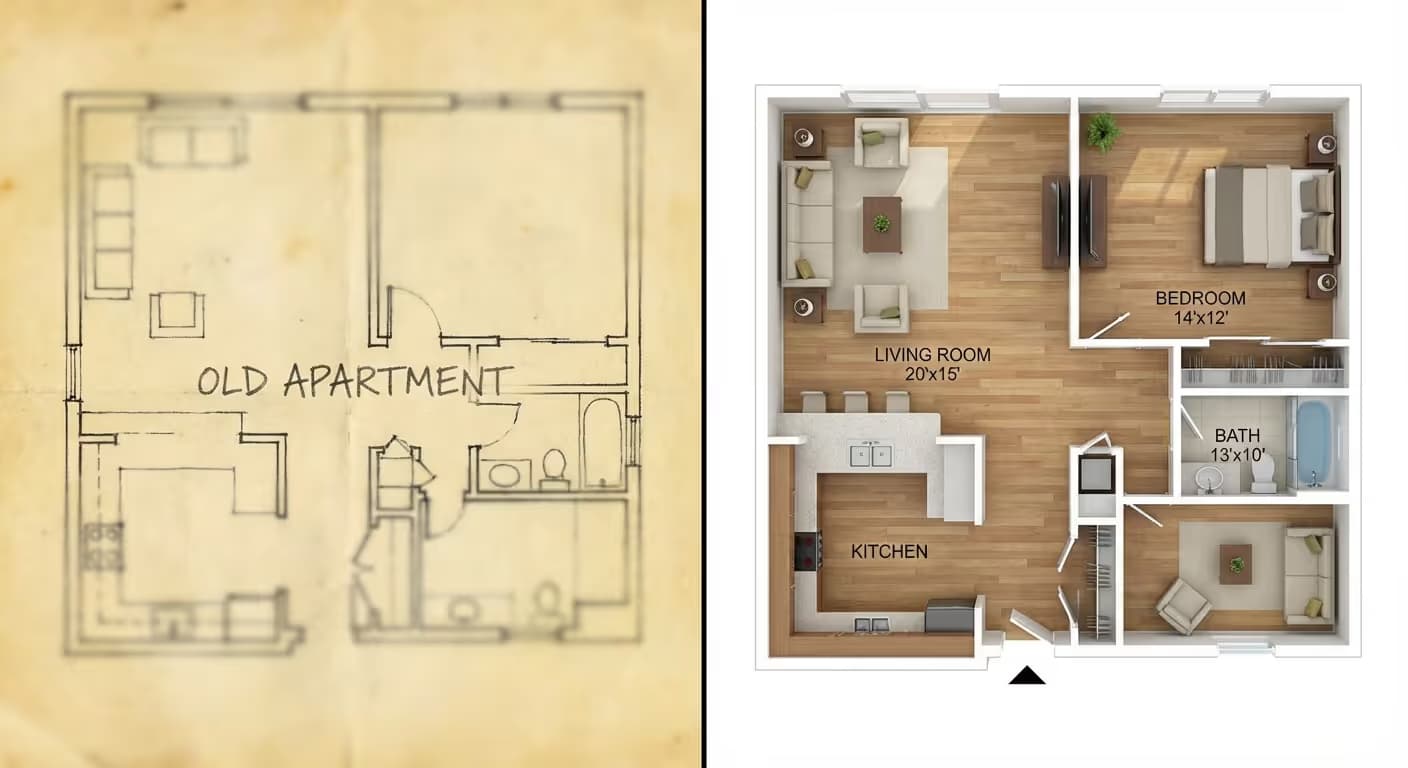 Gegenüberstellung eines alten, unleserlichen Grundrisses und einer professionell aufbereiteten, möblierten 2D-Version.