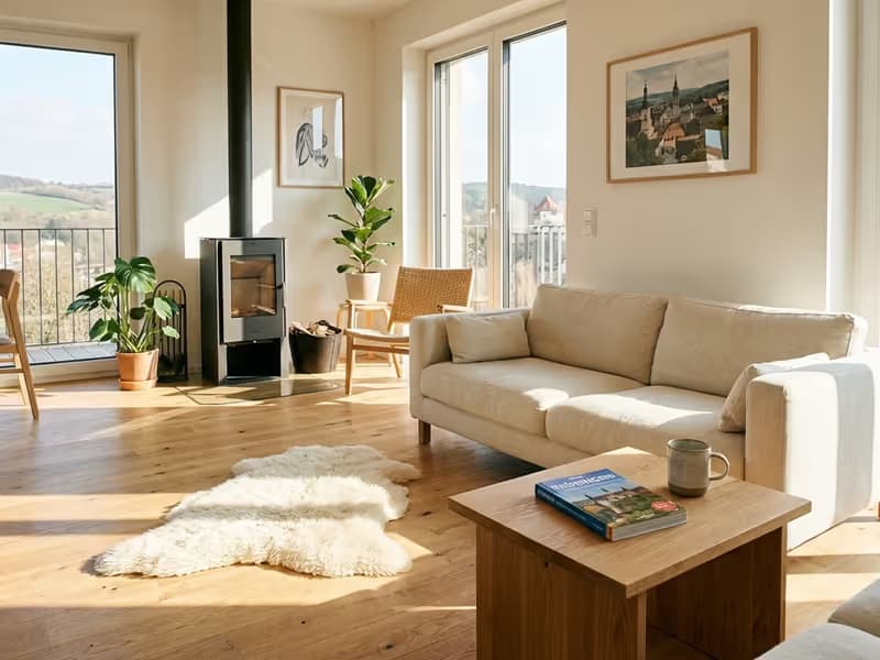 Professionell fotografiertes Wohnzimmer einer Ferienwohnung in Gera für mehr Online-Buchungen