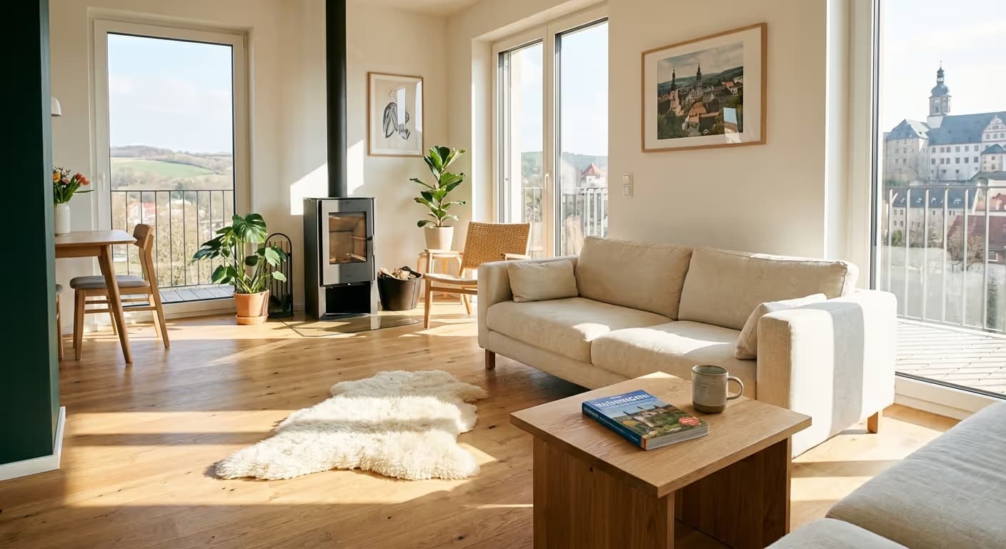 Professionell fotografiertes Wohnzimmer einer Ferienwohnung in Gera für mehr Online-Buchungen